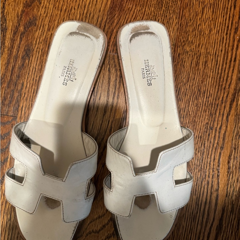 Hermes White Leather Sandals with H Cut-Out